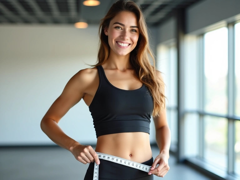 Mujer joven y feliz midiendo su cintura con una cinta métrica, simbolizando el éxito en el control de peso.