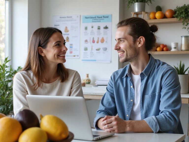 Una nutricionista interactuando amistosamente con un cliente en una oficina moderna, mostrando un ambiente de apoyo.